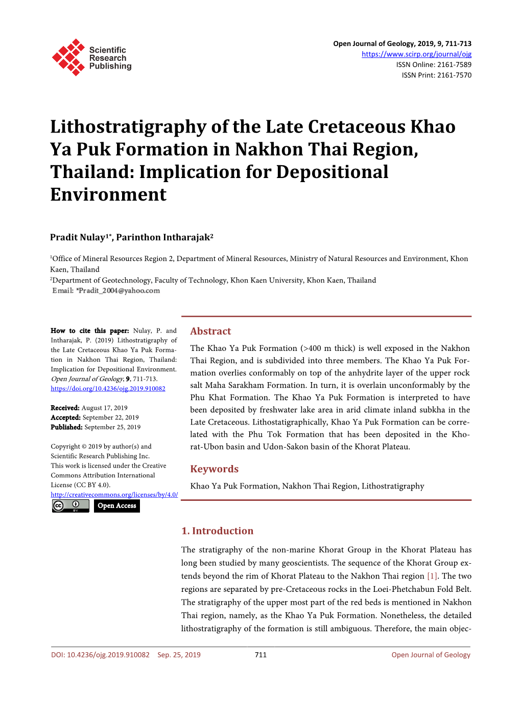 Lithostratigraphy of the Late Cretaceous Khao Ya Puk Formation in Nakhon Thai Region, Thailand: Implication for Depositional Environment