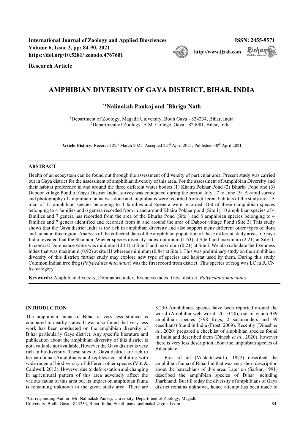 Amphibian Diversity of Gaya District, Bihar, India