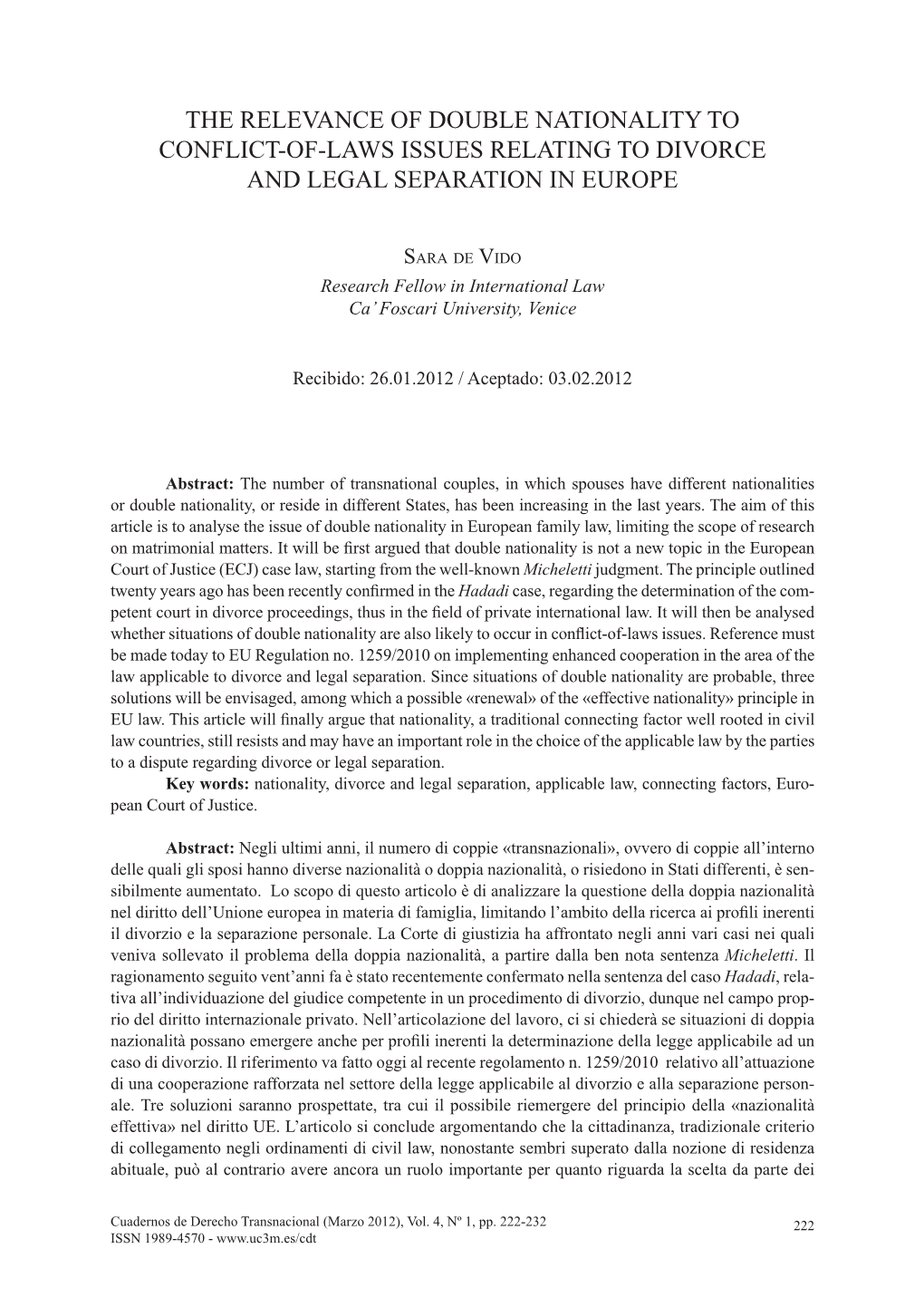 The Relevance of Double Nationality to Conflict-Of-Laws Issues Relating to Divorce and Legal Separation in Europe