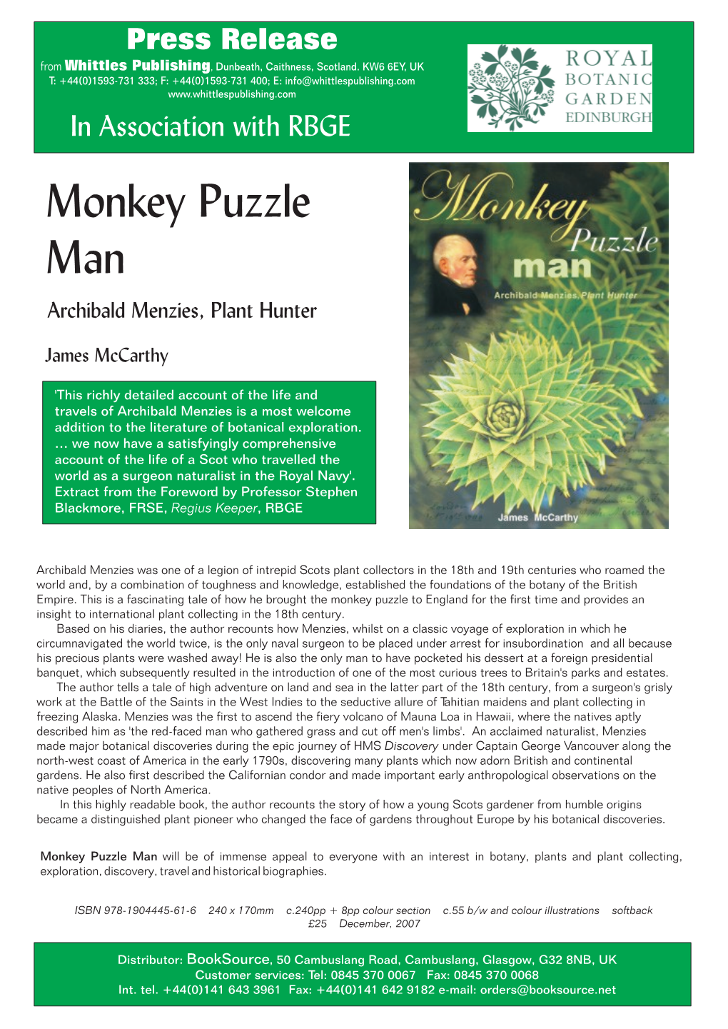 Monkey Puzzle Man Archibald Menzies, Plant Hunter