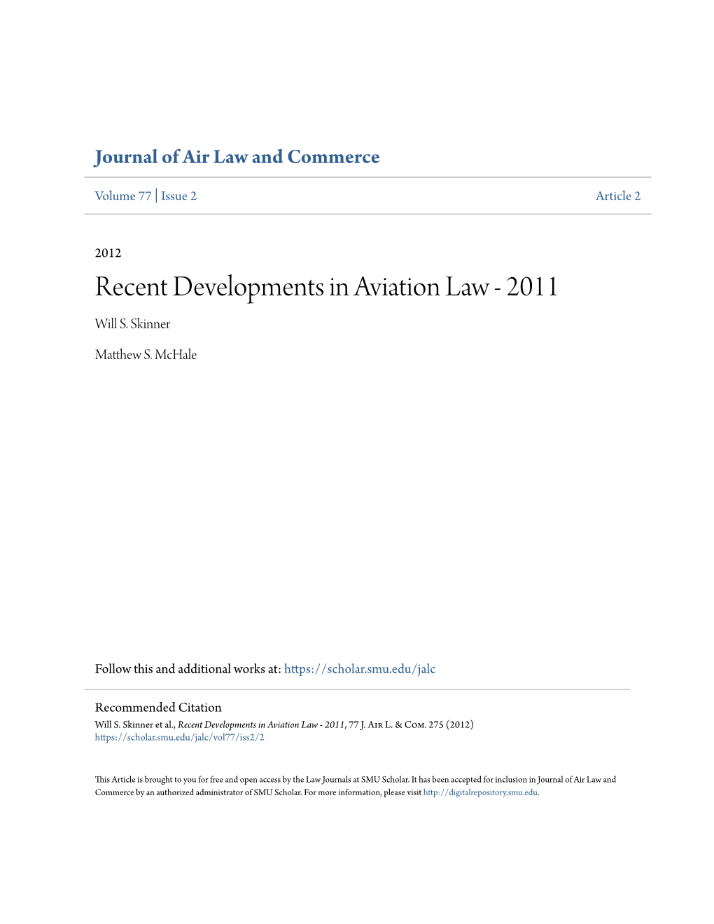 Recent Developments in Aviation Law - 2011 Will S
