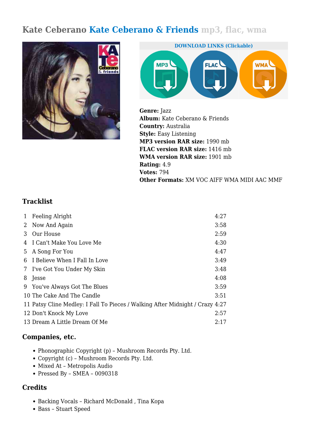 Kate Ceberano Kate Ceberano & Friends Mp3, Flac, Wma