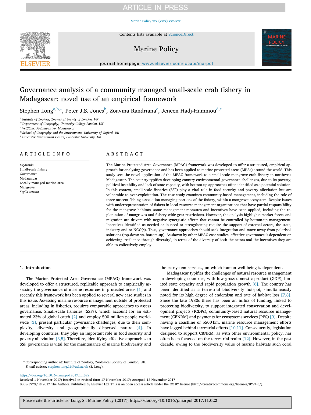 Governance Analysis of a Community Managed Small-Scale Crab Fishery