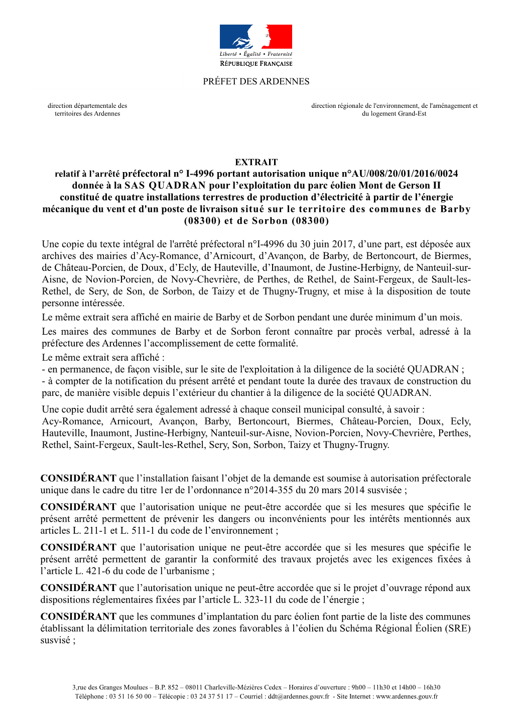 EXTRAIT Relatif À L'arrêté Préfectoral N° I-4996 Portant Autorisation Unique