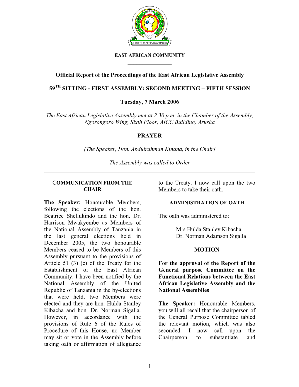 Official Report of the Proceedings of the East African Legislative Assembly