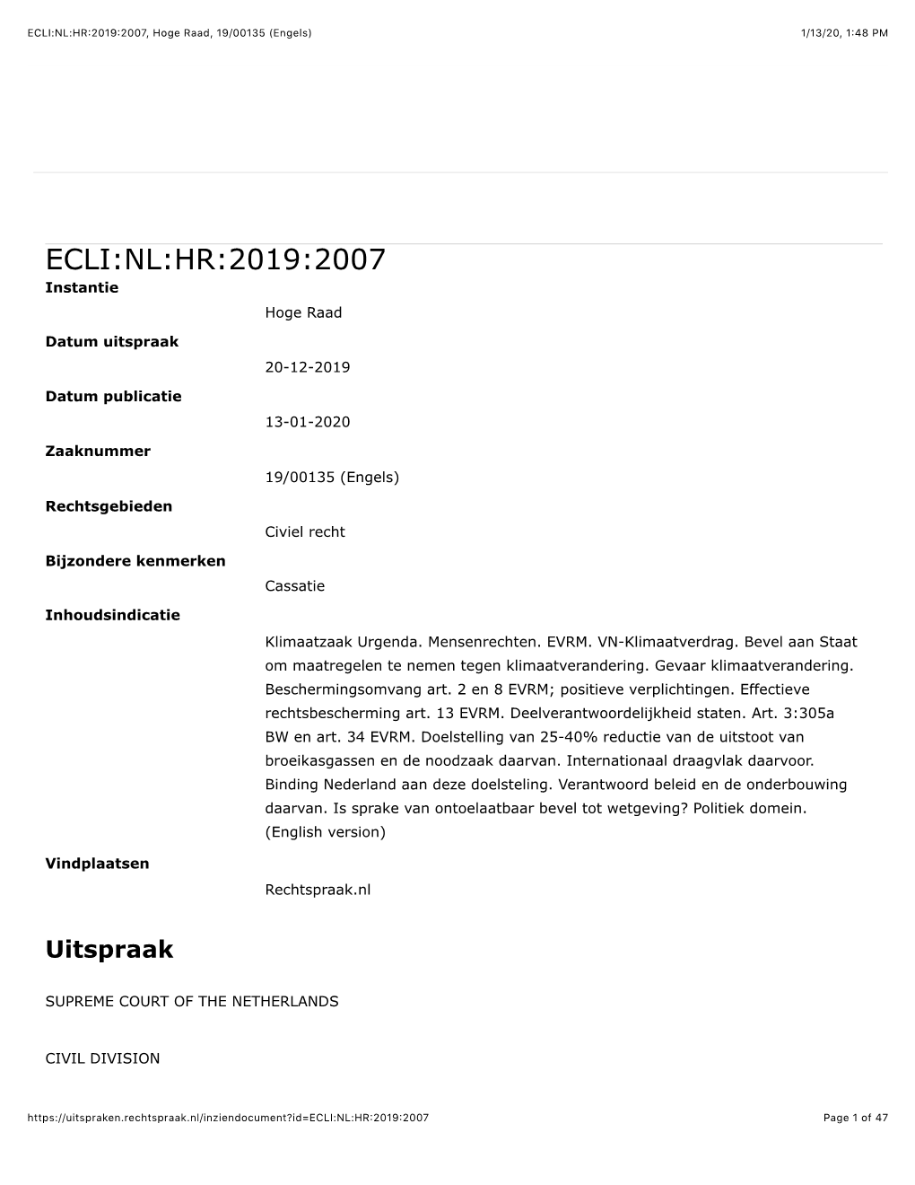 ECLI:NL:HR:2019:2007, Hoge Raad, 19/00135 (Engels)