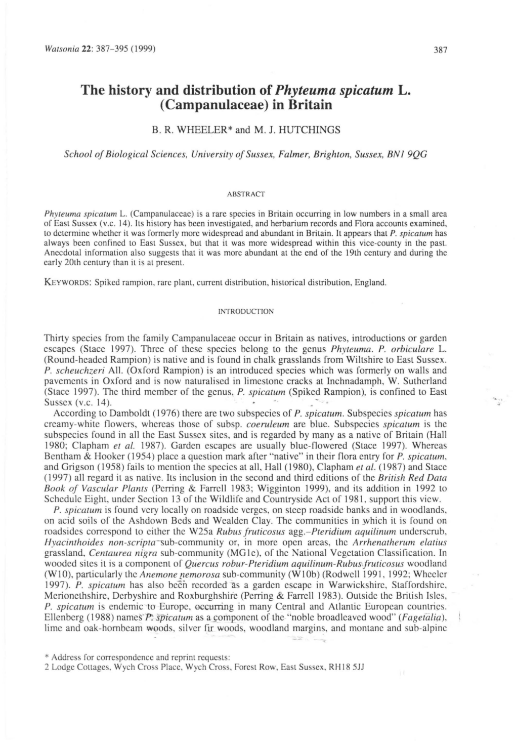 The History and Distribution of Phyteuma Spicatum L. (Campanulaceae) in Britain