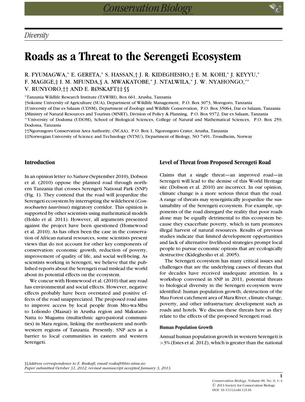 Roads As a Threat to the Serengeti Ecosystem