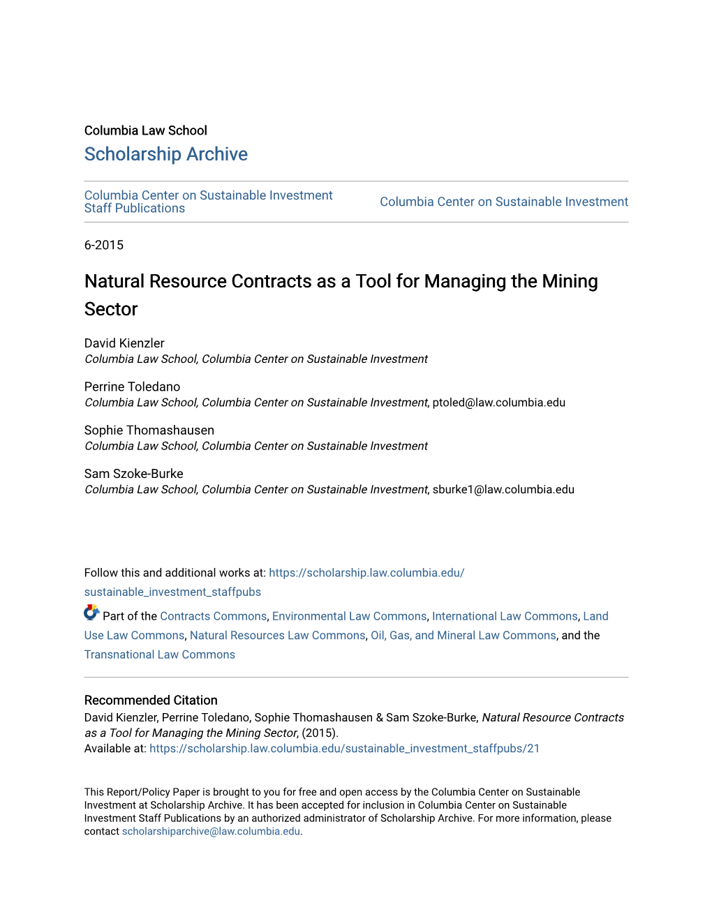 Natural Resource Contracts As a Tool for Managing the Mining Sector
