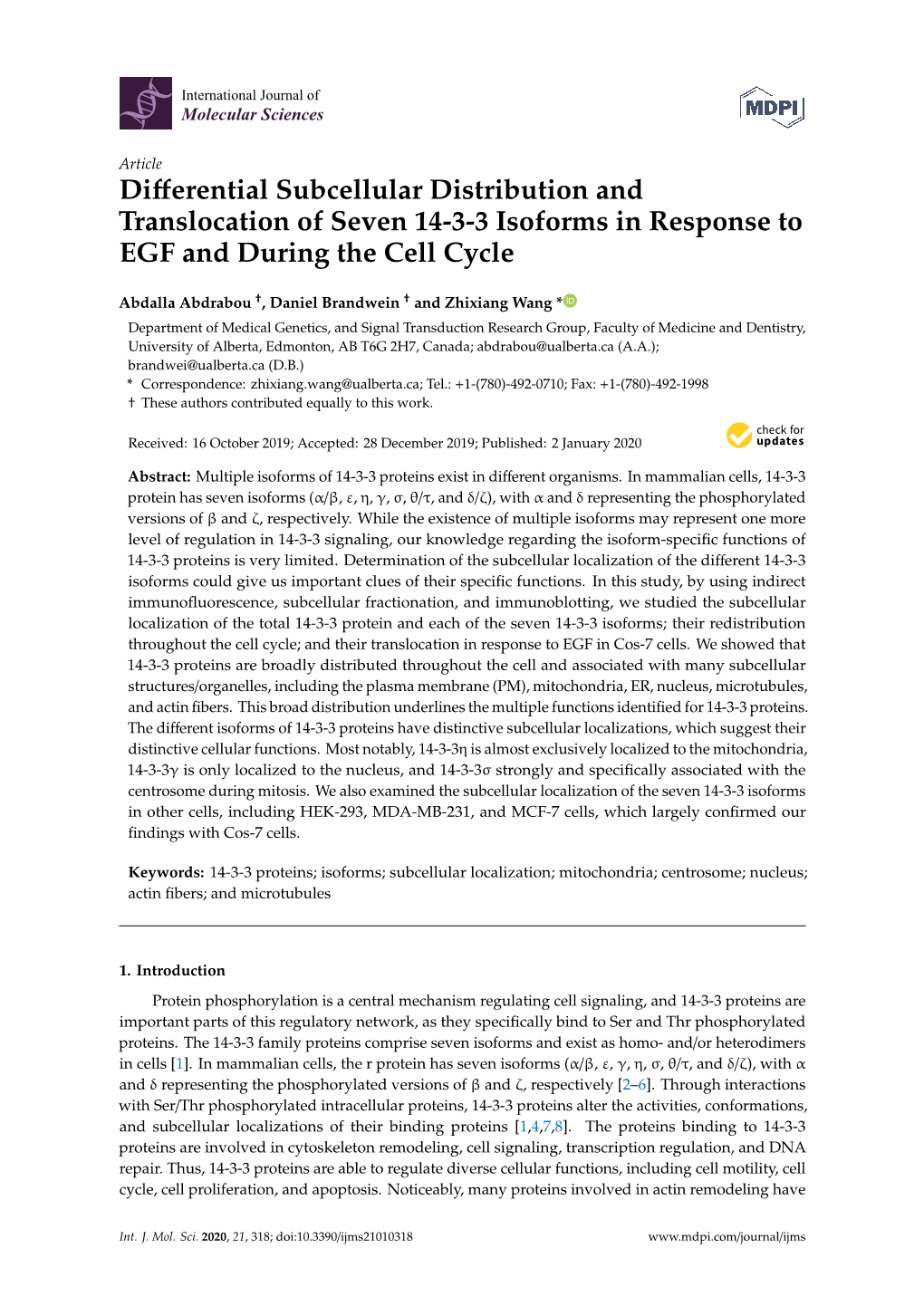 Differential Subcellular Distribution and Translocation of Seven 14-3-3