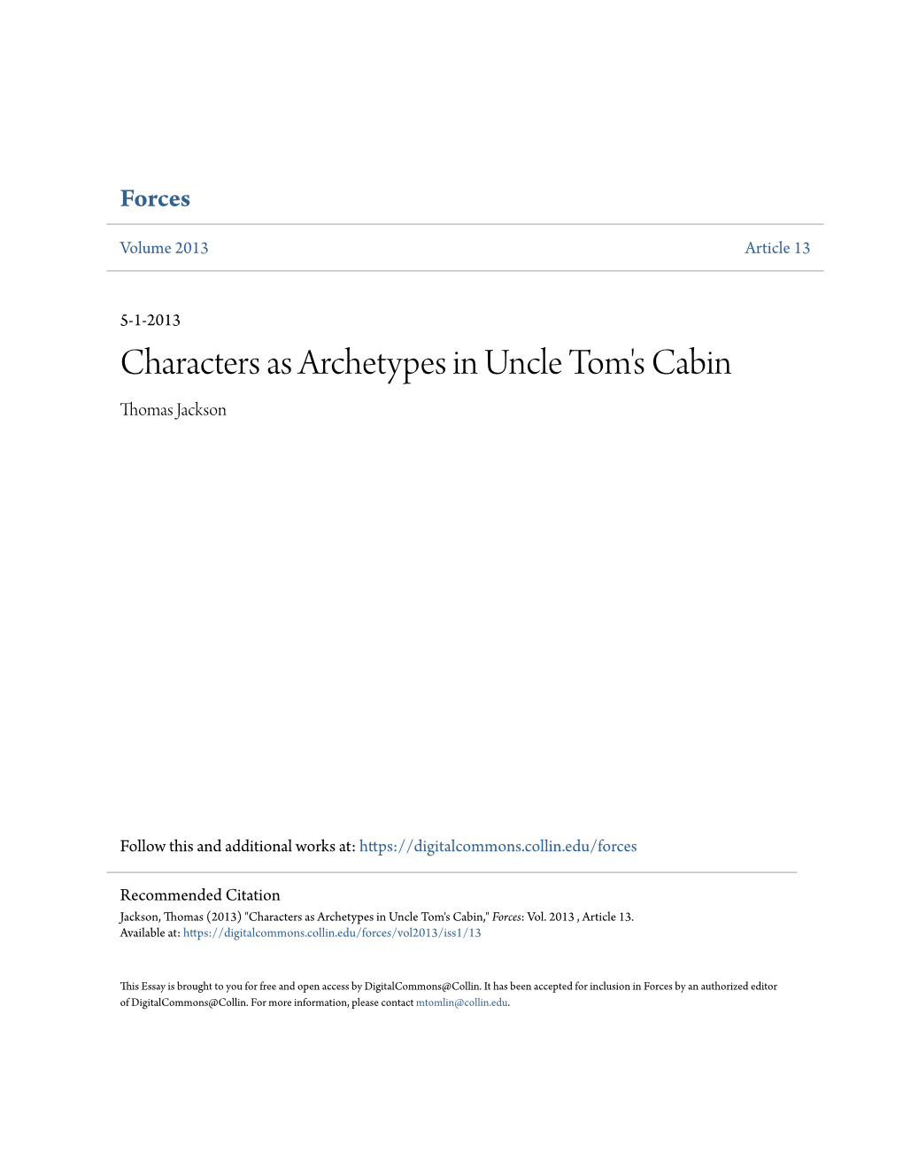 Characters As Archetypes in Uncle Tom's Cabin Thomas Jackson