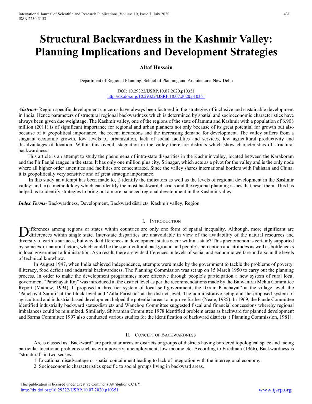 Structural Backwardness in the Kashmir Valley: Planning Implications and Development Strategies