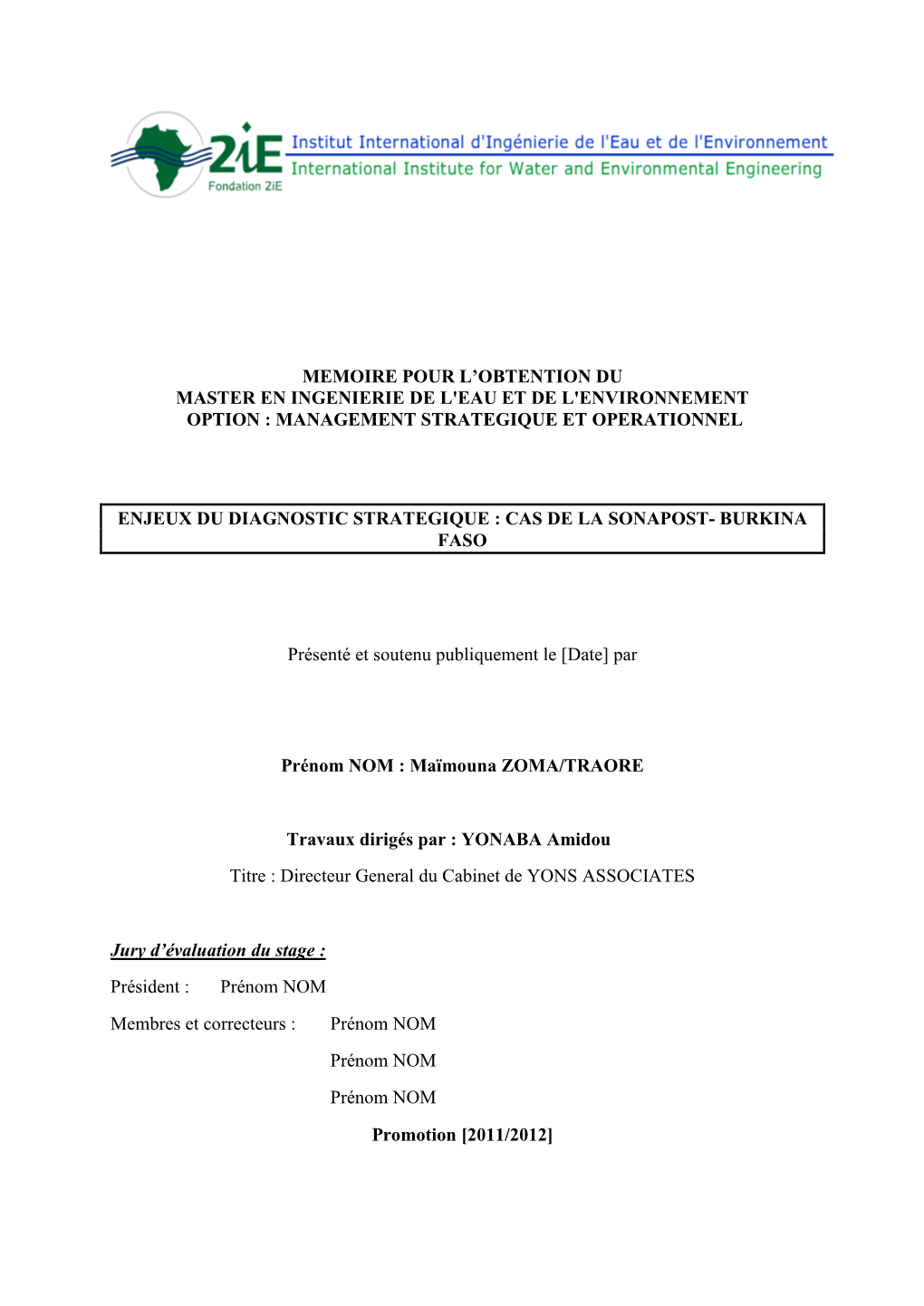 Memoire Pour L'obtention Du Master En Ingenierie De L'eau Et De L'environnement Option : Management Strategique Et Operationne