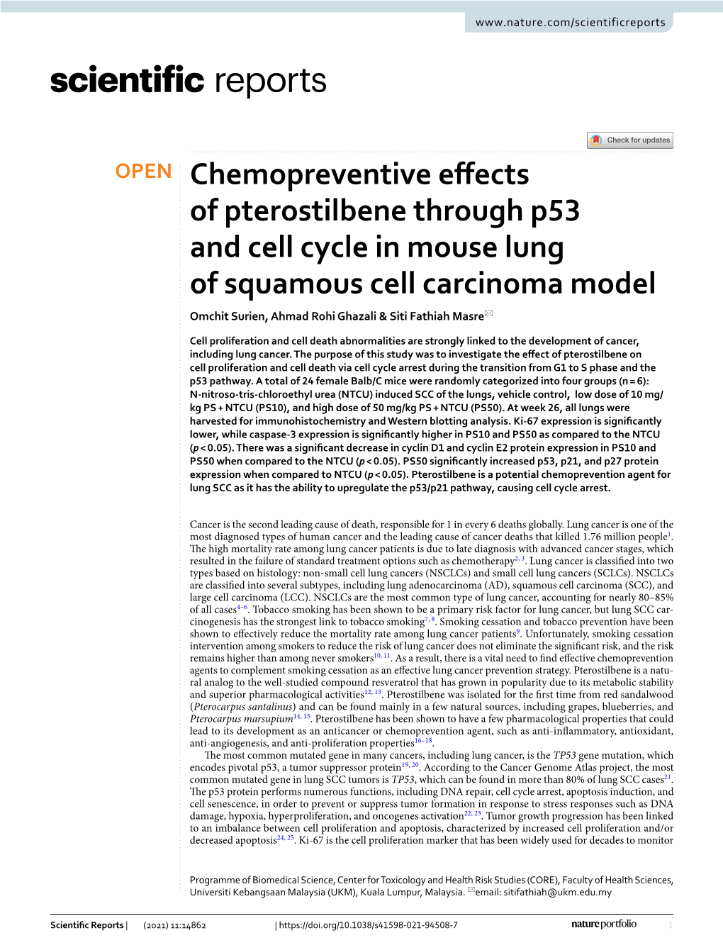 Chemopreventive Effects of Pterostilbene Through P53 and Cell Cycle in Mouse Lung of Squamous Cell Carcinoma Model