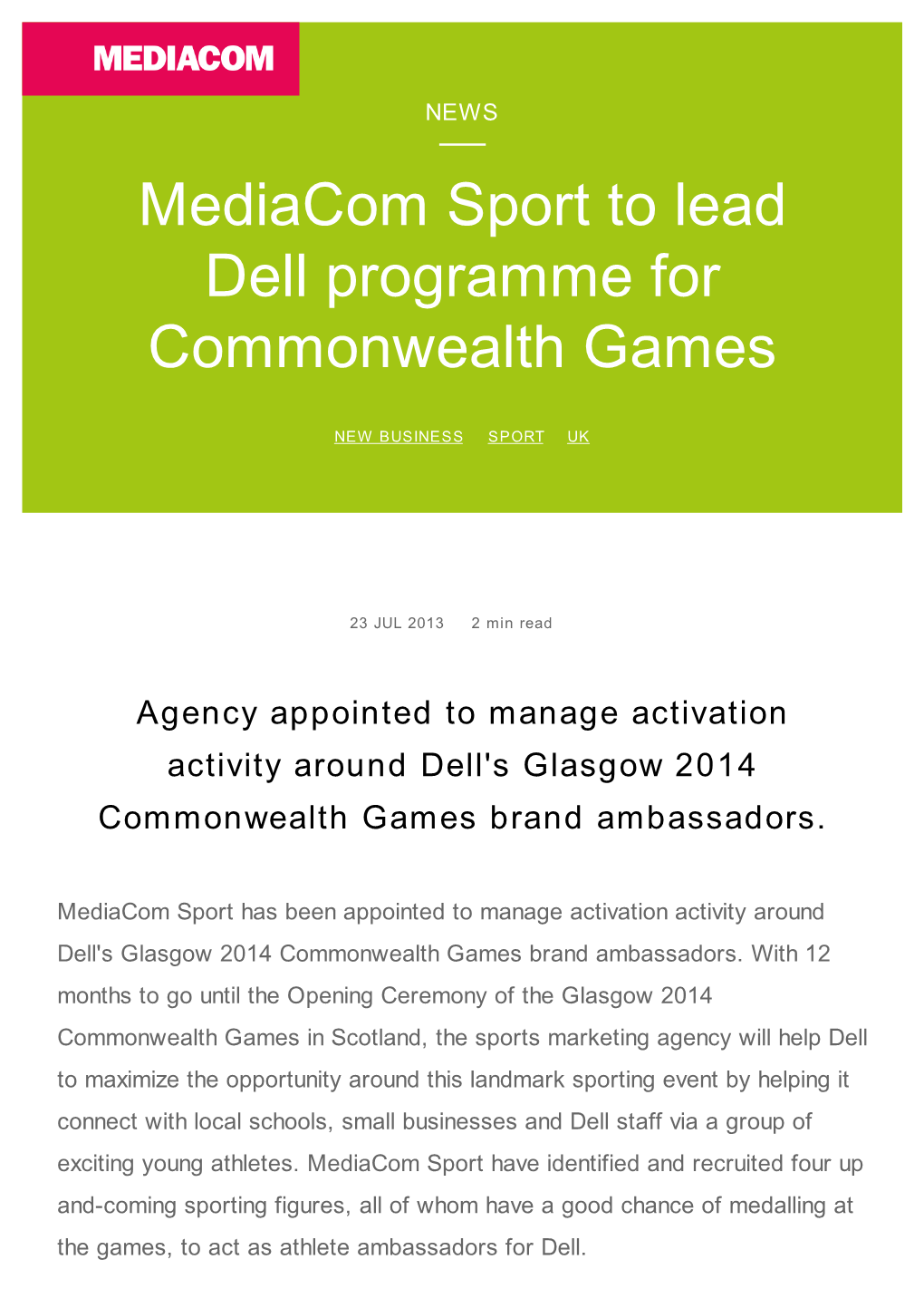 Mediacom Sport to Lead Dell Programme for Commonwealth Games