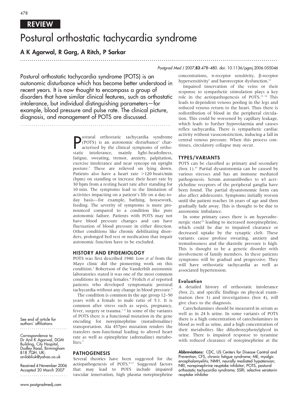 Postural Orthostatic Tachycardia Syndrome a K Agarwal, R Garg, a Ritch, P Sarkar