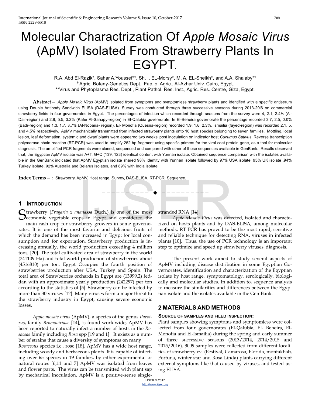 Molecular Charactrization of Apple Mosaic Virus (Apmv) Isolated from Strawberry Plants in EGYPT
