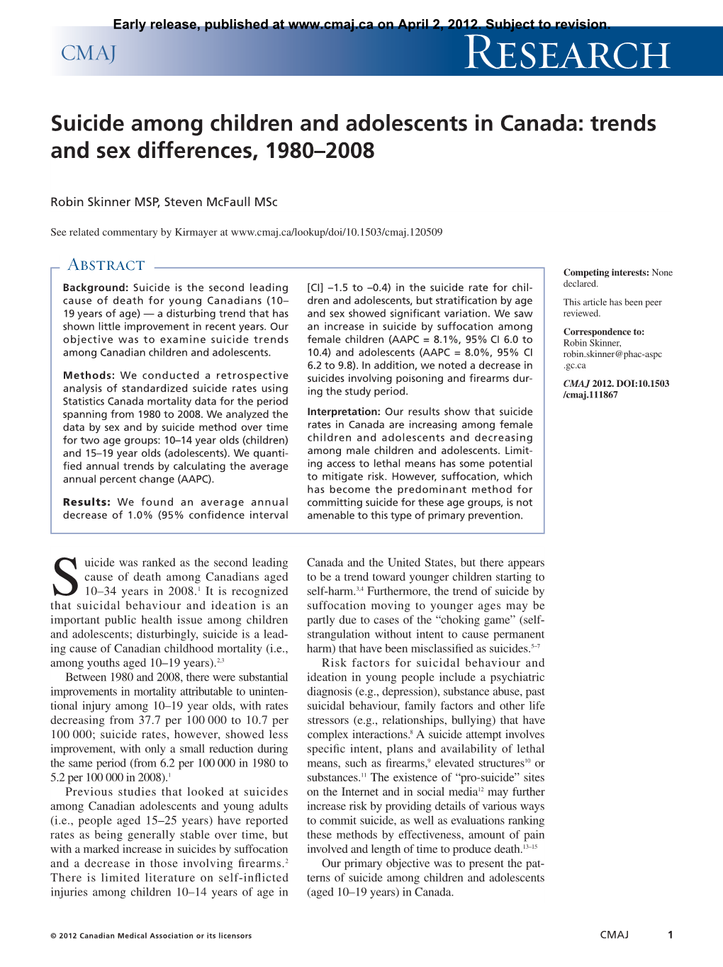 Suicide Among Children and Adolescents in Canada: Trends and Sex Differences, 1980–2008