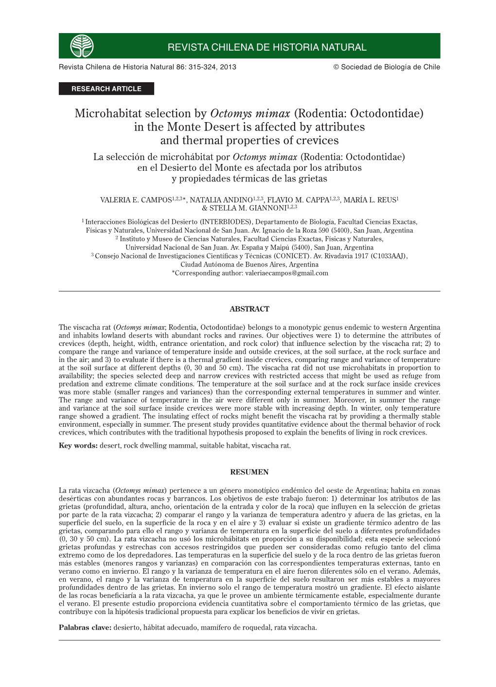 Microhabitat Selection by Octomys Mimax (Rodentia: Octodontidae)