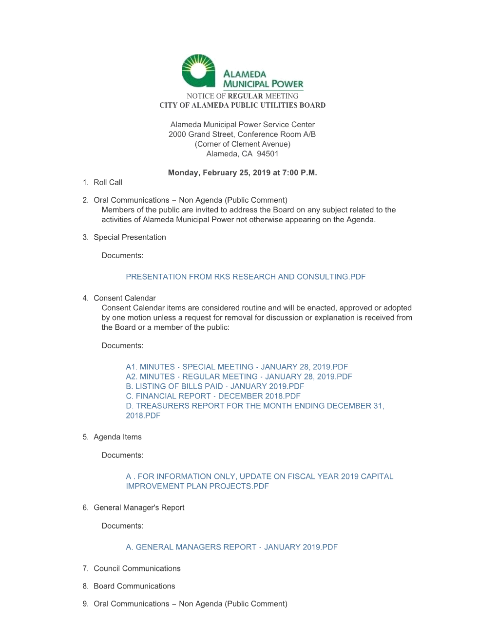 Notice of Regular Meeting City of Alameda Public Utilities Board