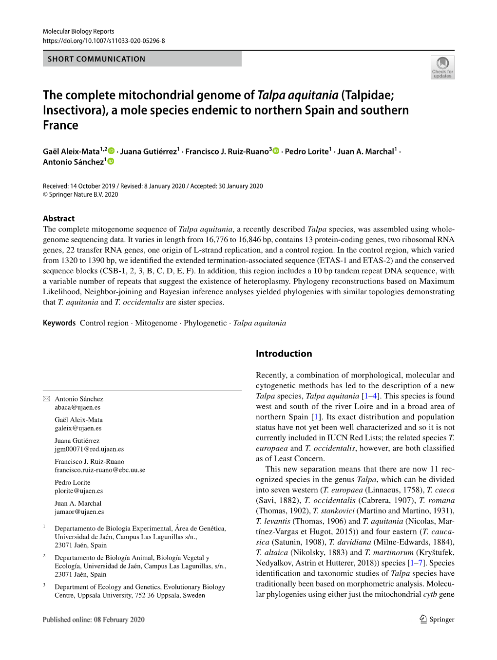 The Complete Mitochondrial Genome of Talpa Aquitania (Talpidae; Insectivora), a Mole Species Endemic to Northern Spain and Southern France