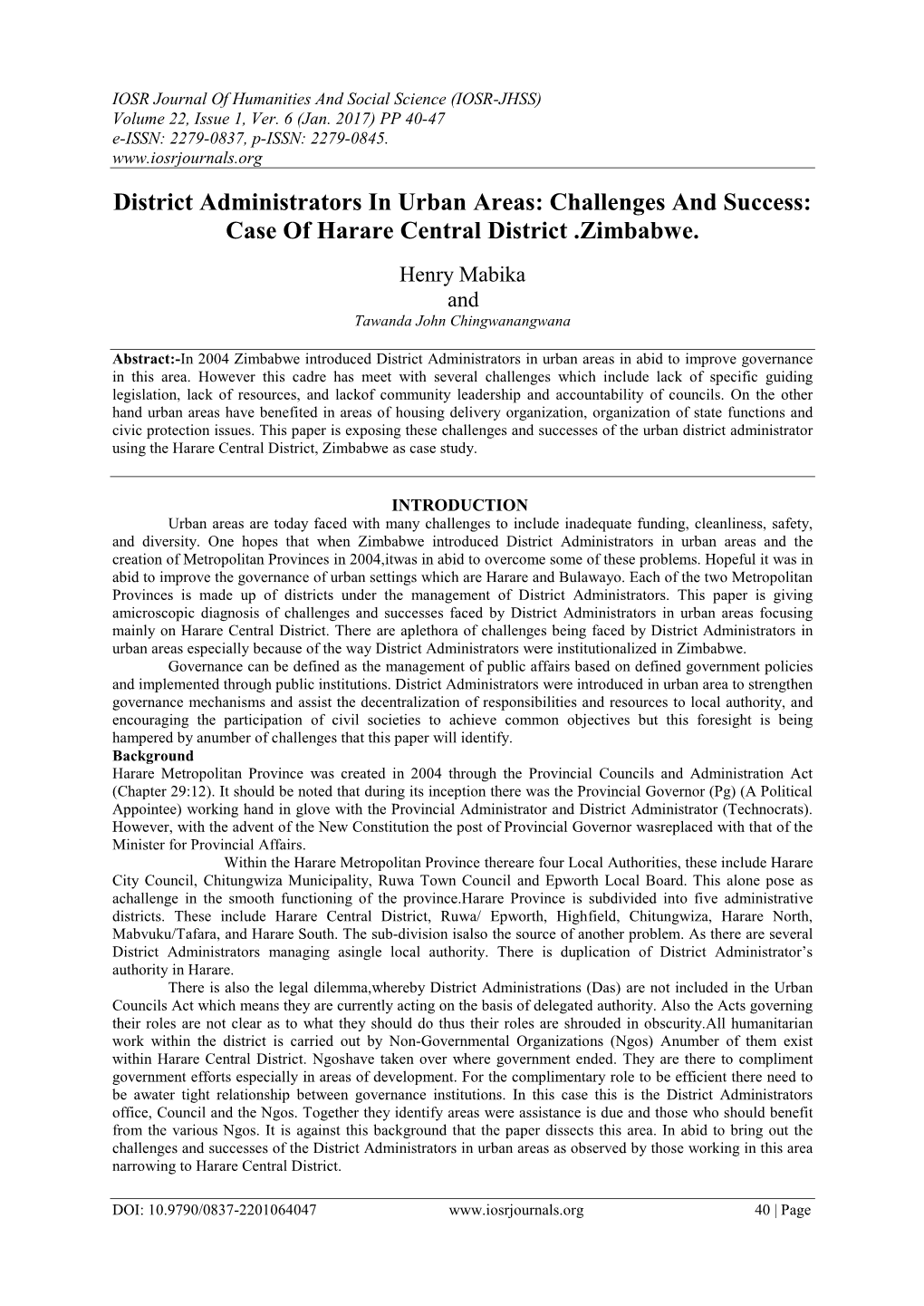 Case of Harare Central District .Zimbabwe