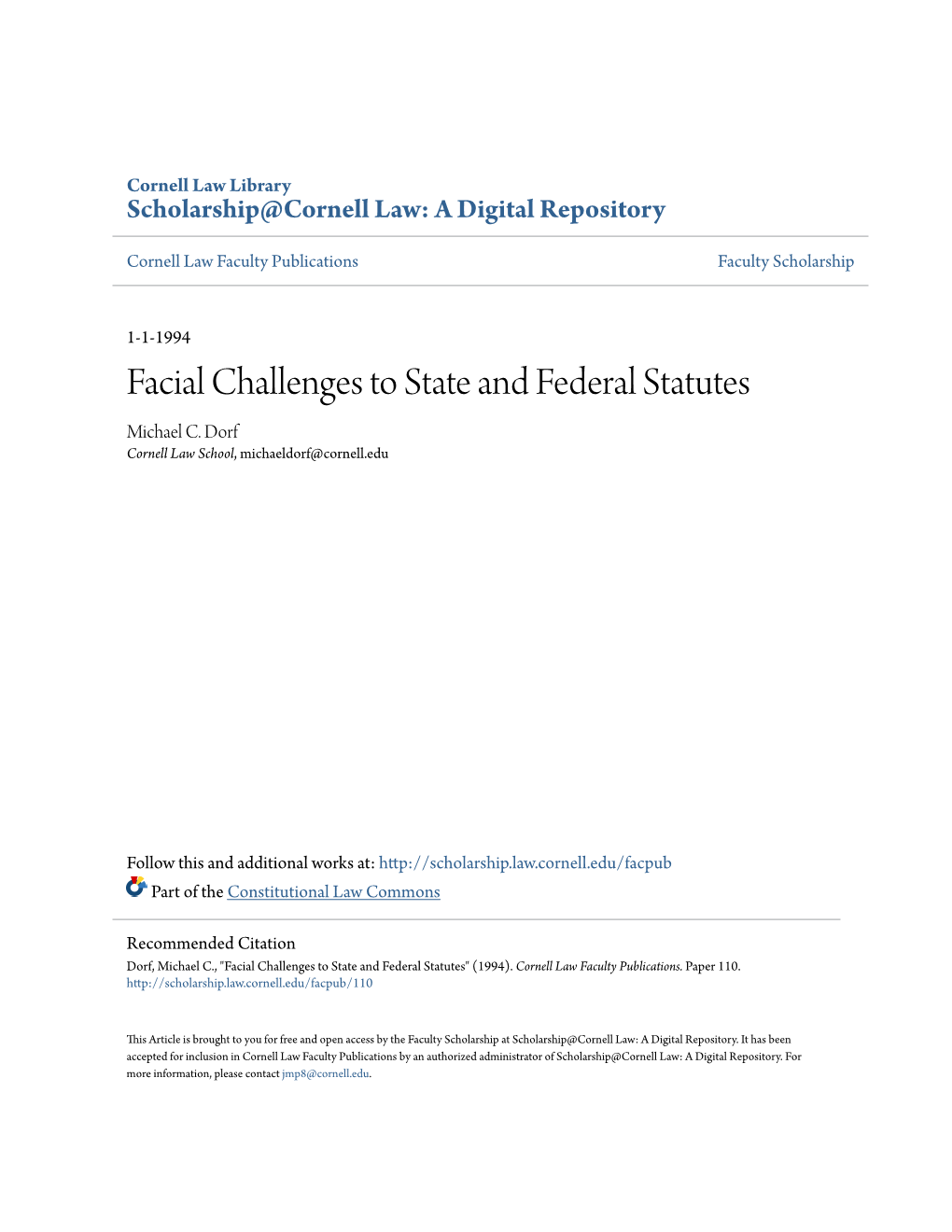 Facial Challenges to State and Federal Statutes Michael C