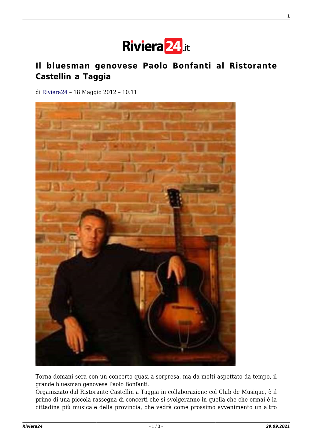 Il Bluesman Genovese Paolo Bonfanti Al Ristorante Castellin a Taggia