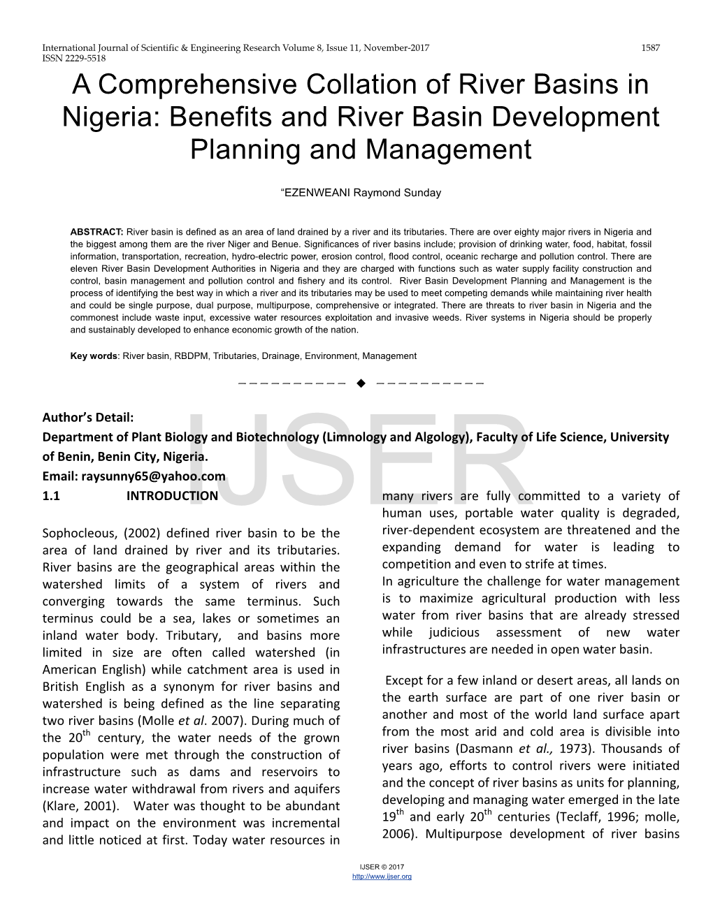 A Comprehensive Collation of River Basins in Nigeria: Benefits and River Basin Development Planning and Management