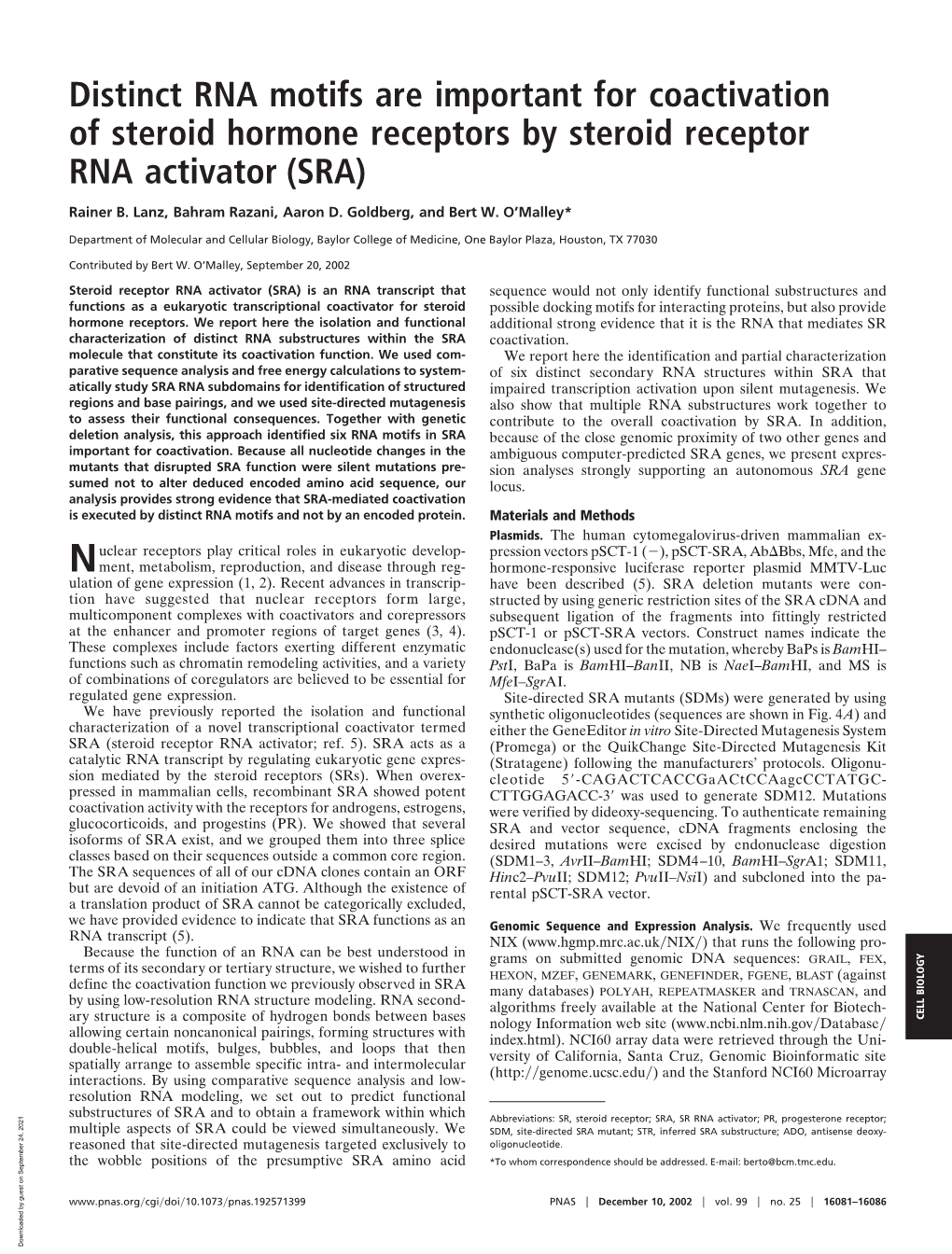 Distinct RNA Motifs Are Important for Coactivation of Steroid Hormone Receptors by Steroid Receptor RNA Activator (SRA)