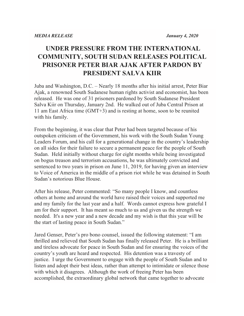 Under Pressure from the International Community, South Sudan Releases Political Prisoner Peter Biar Ajak After Pardon by President Salva Kiir