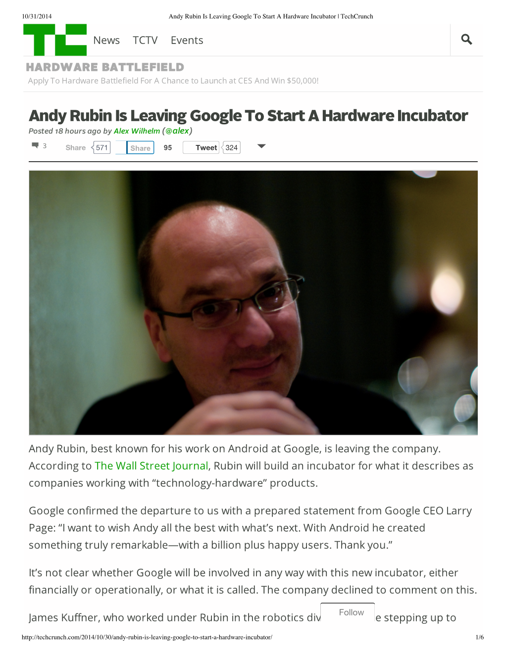 Andy Rubin Is Leaving Google to Start a Hardware Incubator | Techcrunch