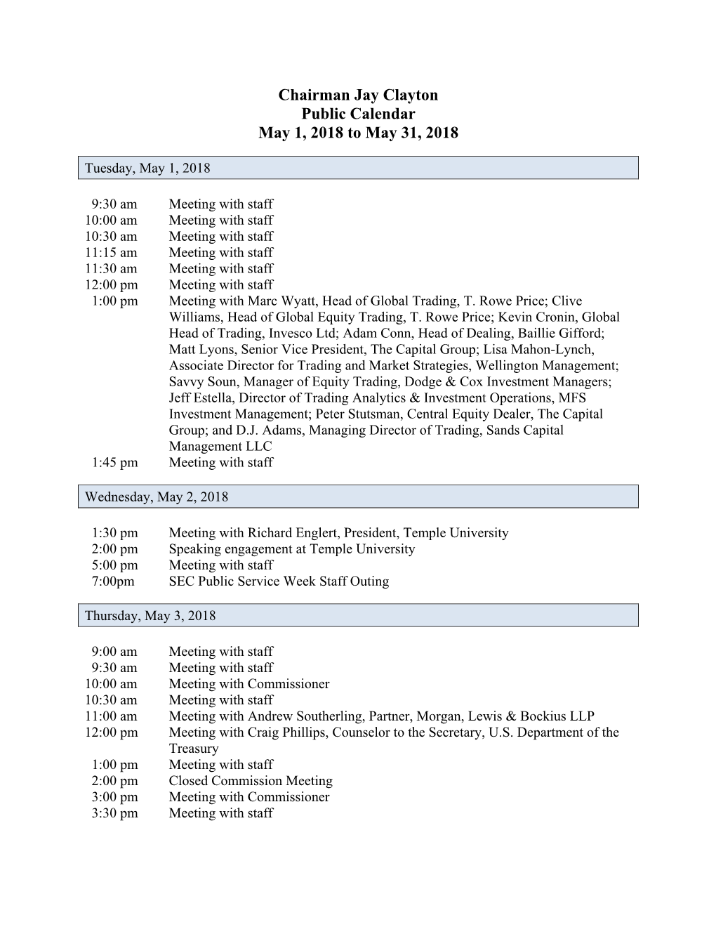 Chairman Jay Clayton, May 1, 2018 to May 31, 2018