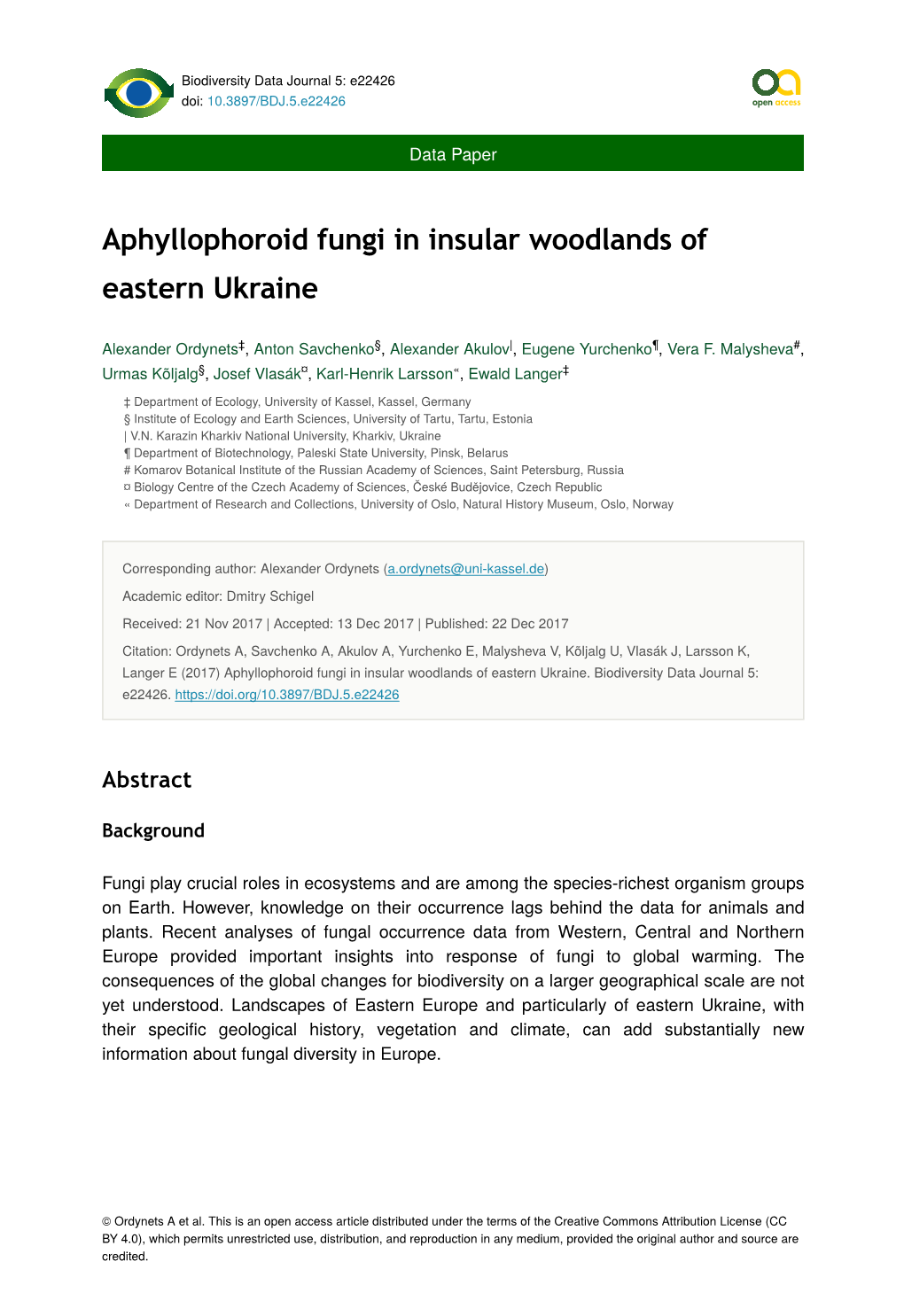 Aphyllophoroid Fungi in Insular Woodlands of Eastern Ukraine