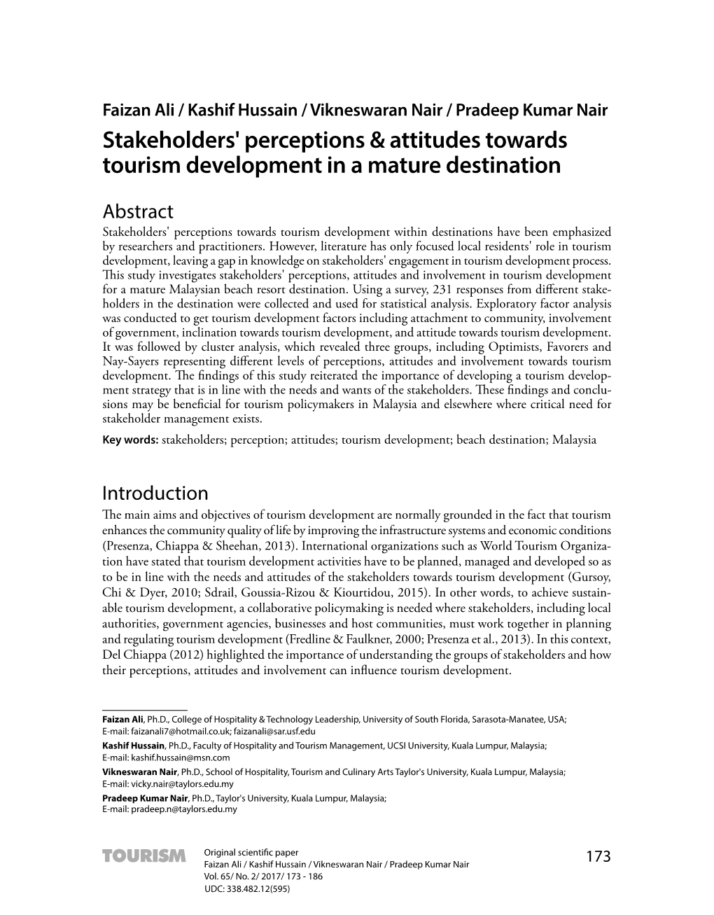 Stakeholders' Perceptions & Attitudes Towards Tourism Development in A