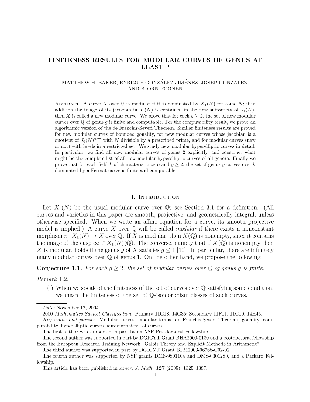 Finiteness Results for Modular Curves of Genus at Least 2