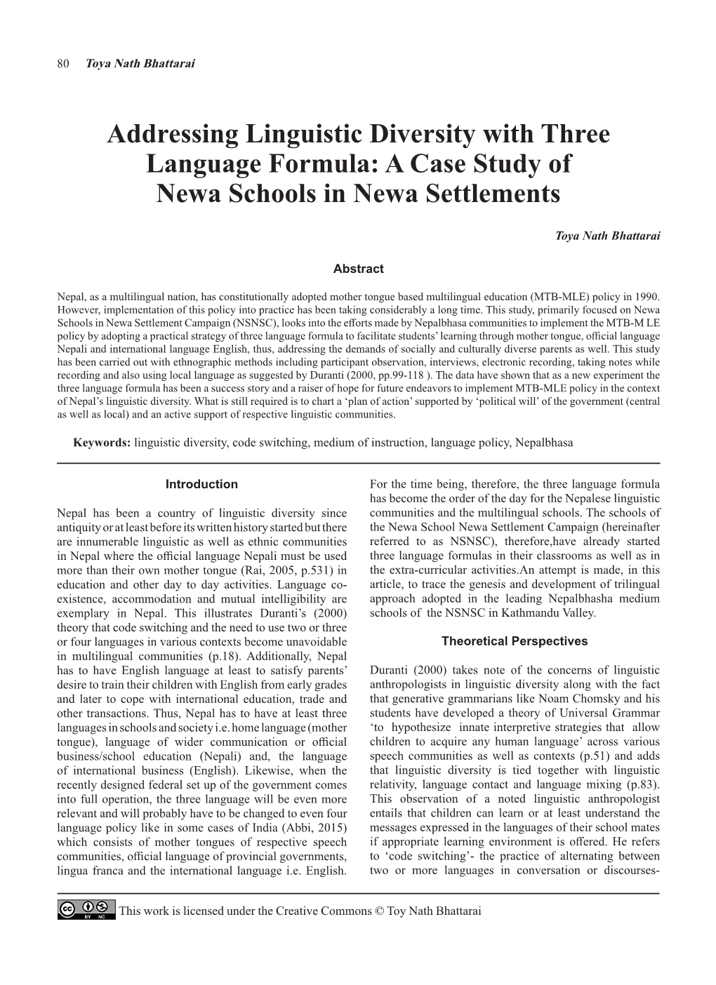 Addressing Linguistic Diversity with Three Language Formula: a Case Study of Newa Schools in Newa Settlements