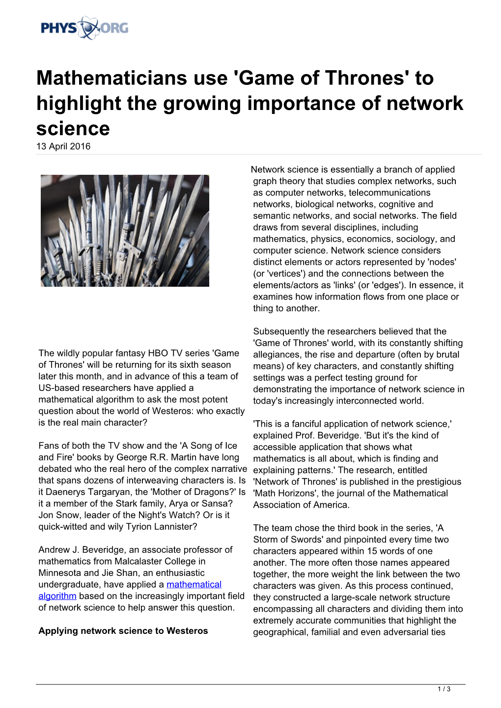 Mathematicians Use 'Game of Thrones' to Highlight the Growing Importance of Network Science 13 April 2016