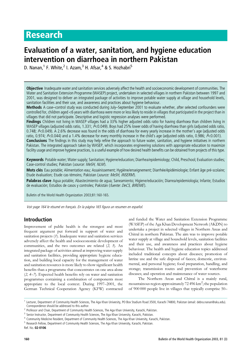 Research Evaluation of a Water, Sanitation, and Hygiene Education Intervention on Diarrhoea in Northern Pakistan D