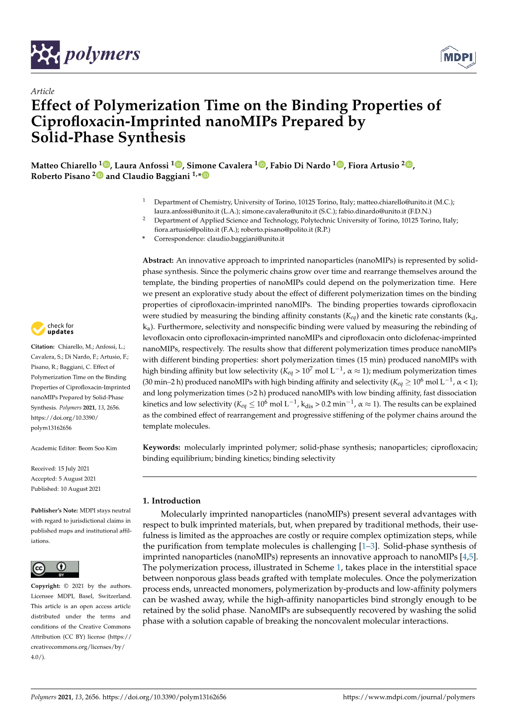 Effect of Polymerization Time on the Binding Properties of Ciprofloxacin