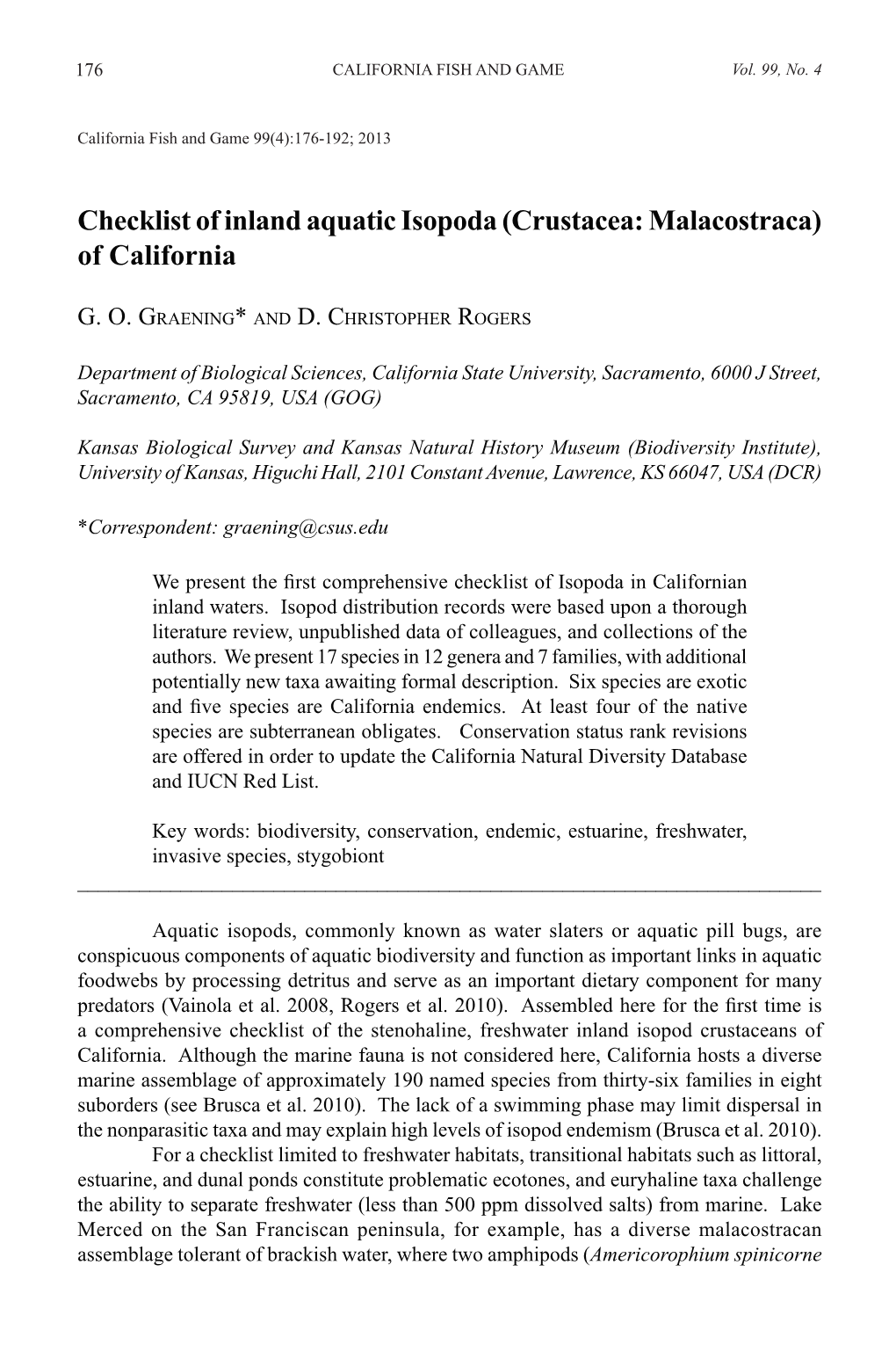 Checklist of Inland Aquatic Isopoda (Crustacea: Malacostraca) of California