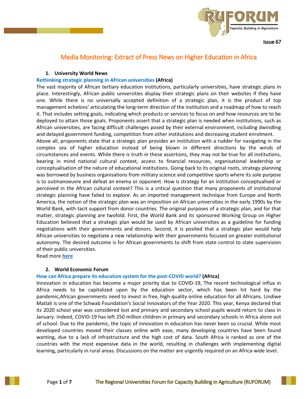 Media Monitoring: Extract of Press News on Higher Education in Africa