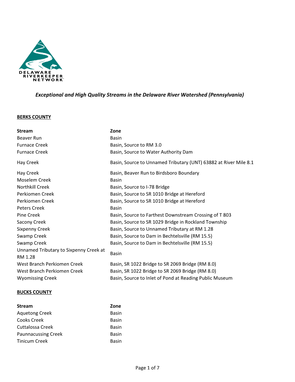 Exceptional and High Quality Streams in the Delaware River Watershed (Pennsylvania)