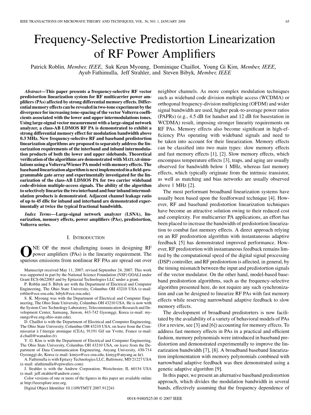 Frequency-Selective Predistortion Linearization of RF Power Amplifiers