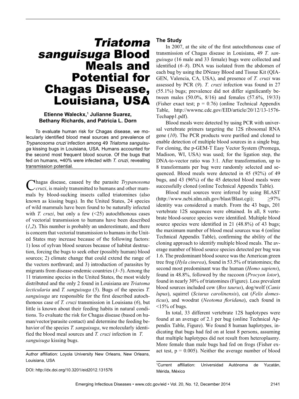 Triatoma Sanguisuga Blood Meals and Potential for Chagas Disease, Louisiana, USA