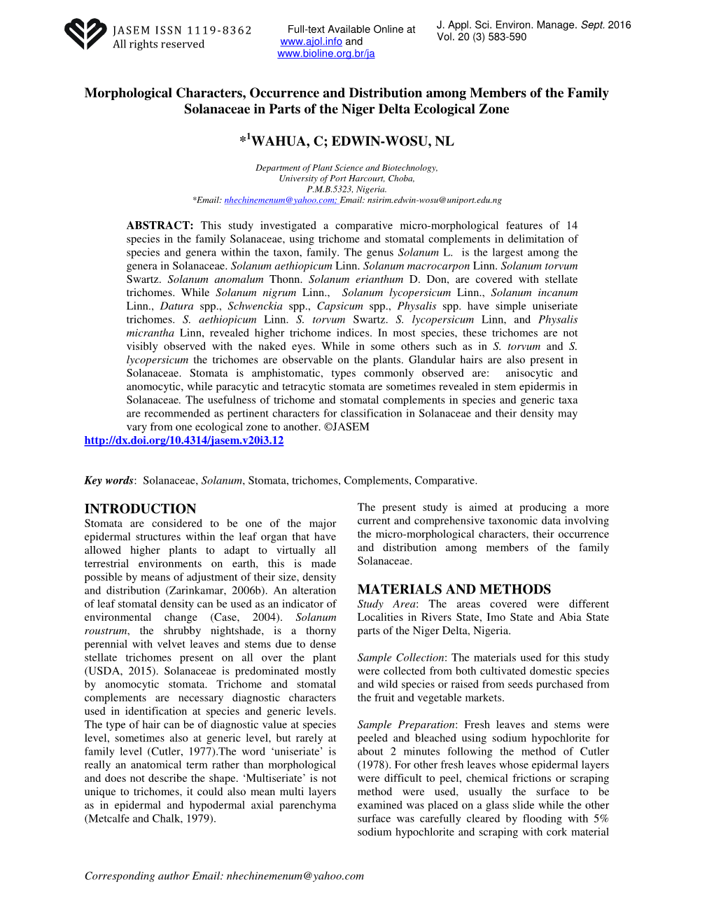 Morphological Characters, Occurrence and Distribution Among Members of the Family Solanaceae in Parts of the Niger Delta Ecological Zone