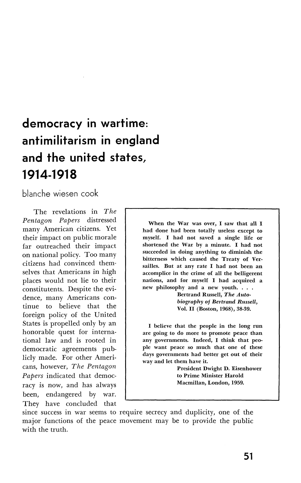 Democracy in Wartime: Antimilitarism in England and the United States, 1914-1918 Blanche Wiesen Cook