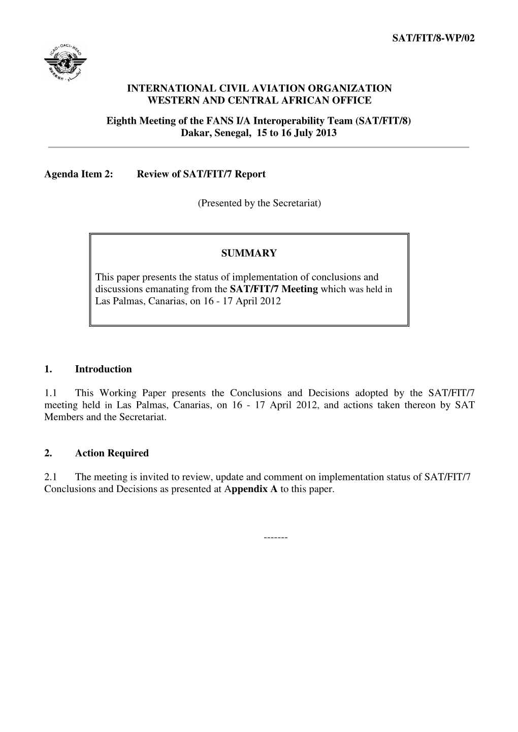 Sat/Fit/8-Wp/02 International Civil Aviation