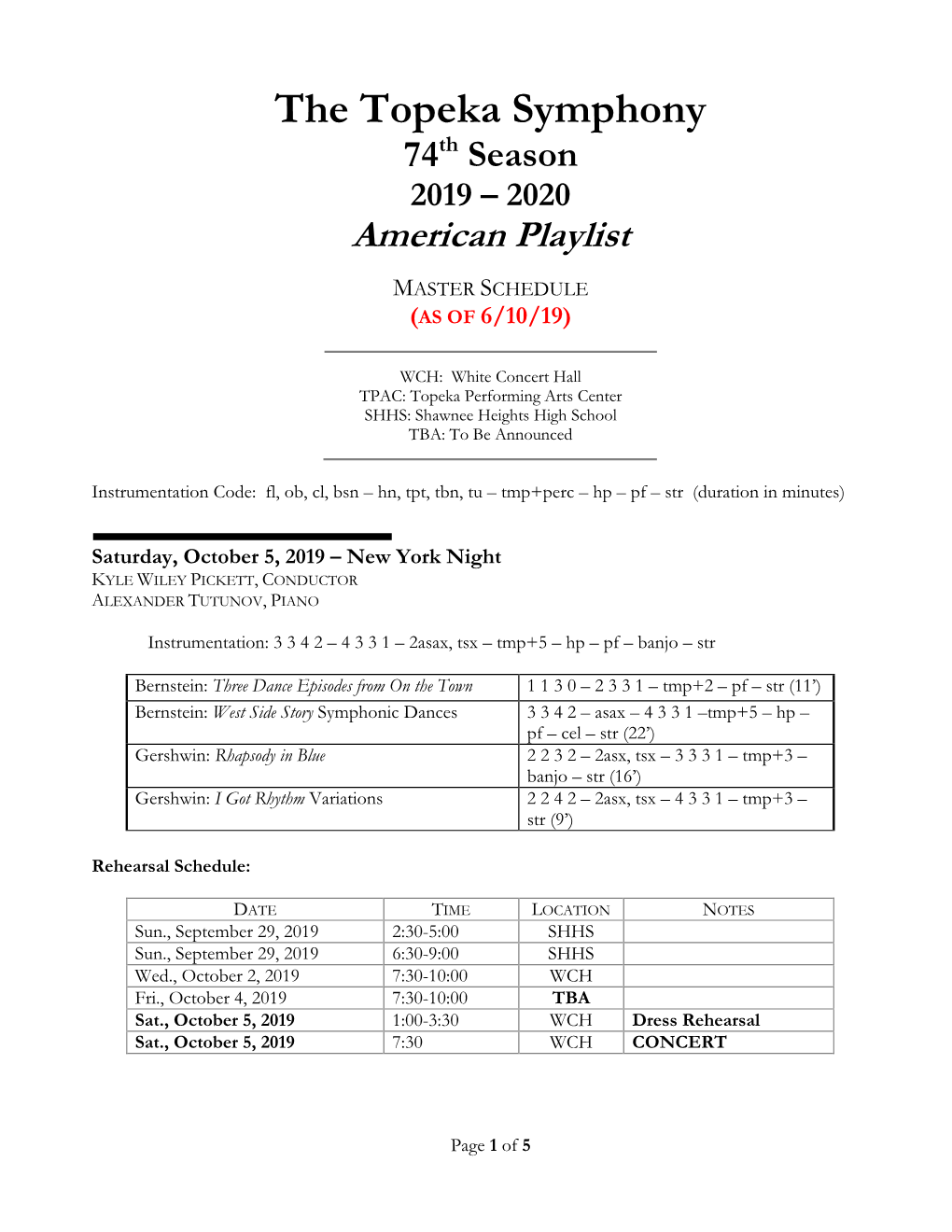 Rehearsal/Concert Schedule