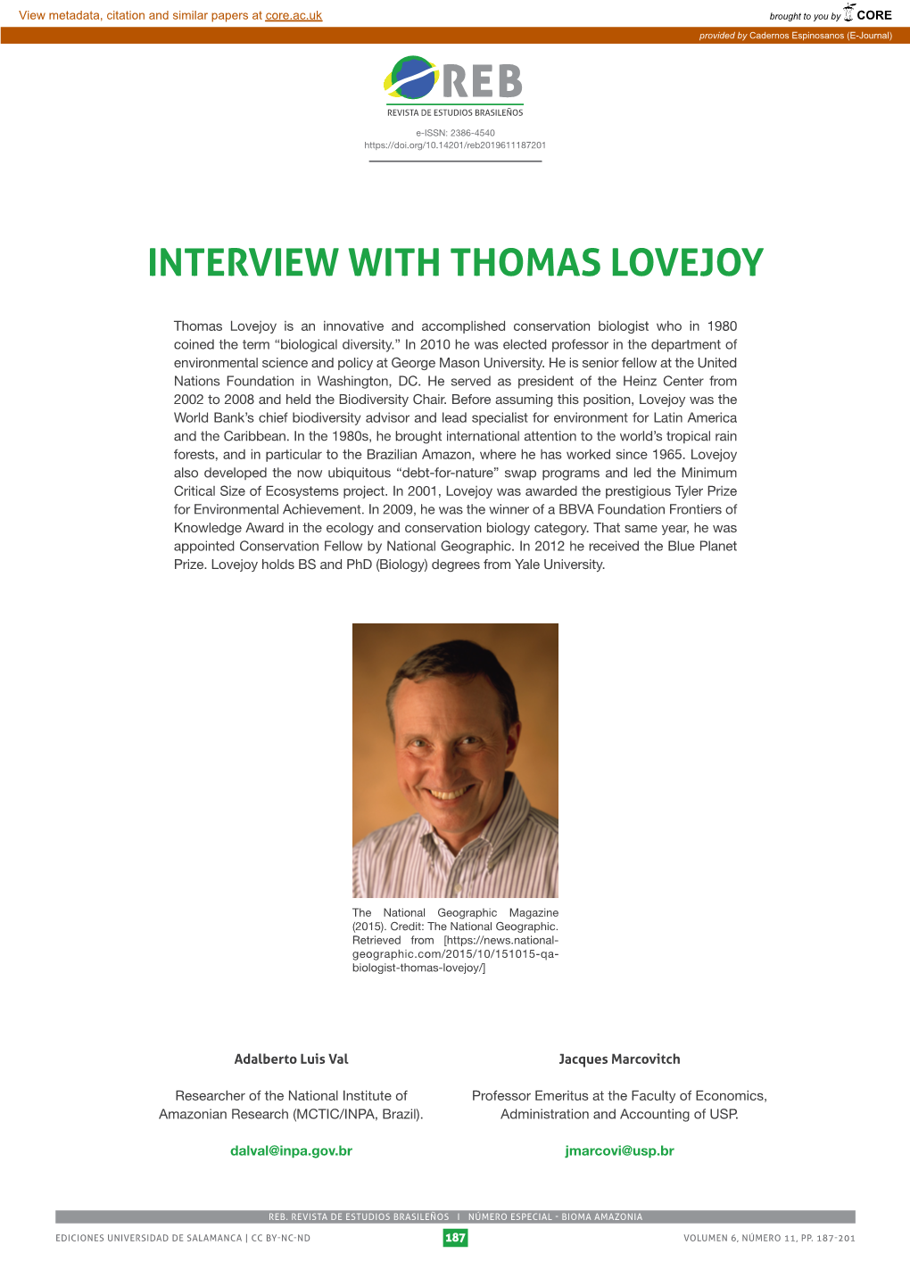 Interview with Thomas Lovejoy